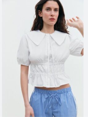 Zara White Peter Pan Collar Puff-Sleeve Blouse
